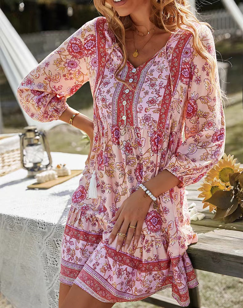 V neck Printed Casual Bohemian Short Dress