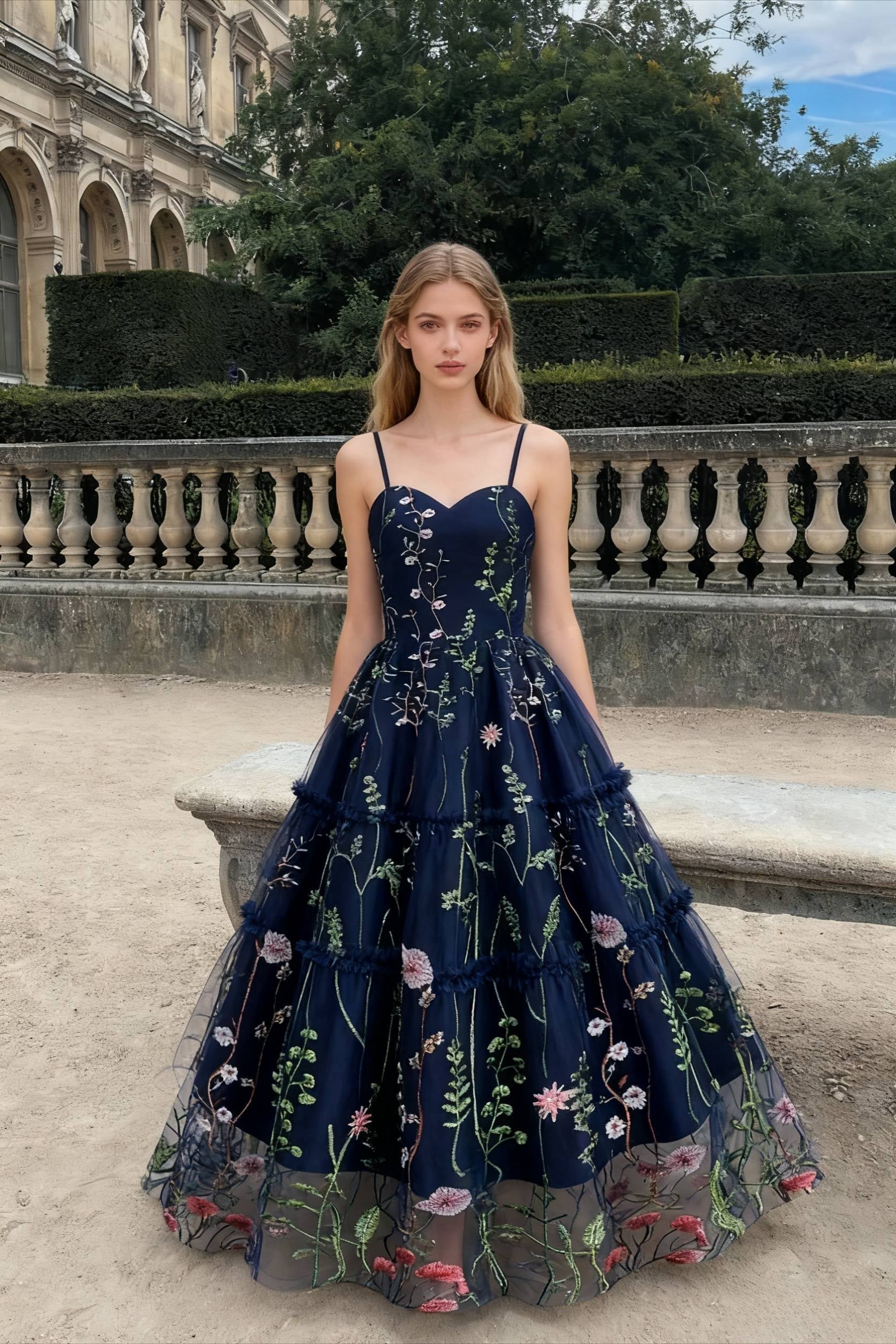 Floral Embroidered Tulle Sweetheart Spaghetti Strap Fit and Flare Midi Dress