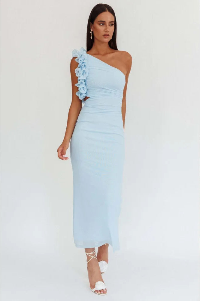 Slant Shoulder Flower Midi Dress