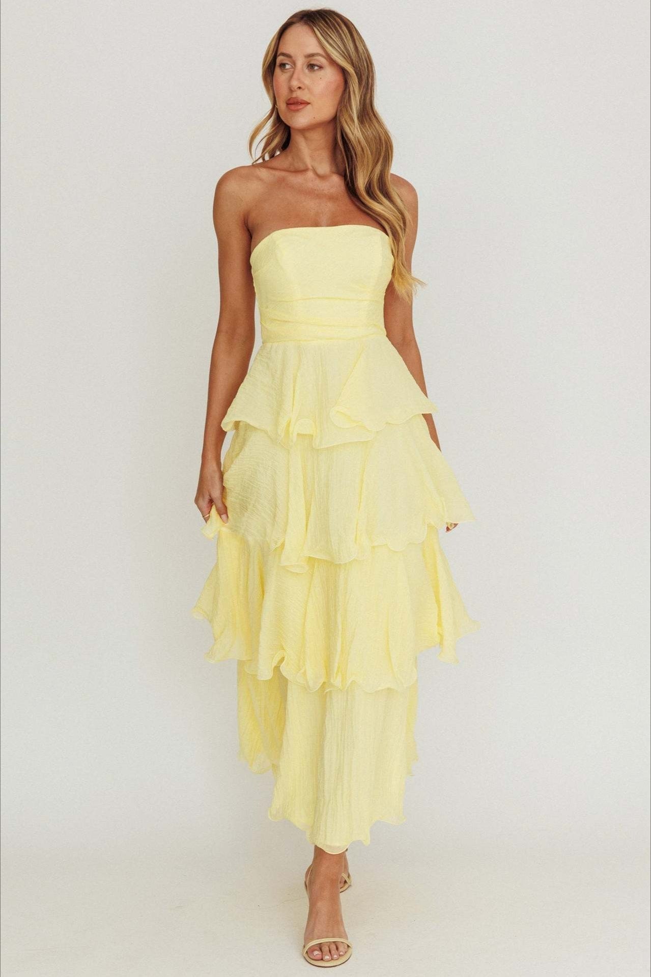 Strapless Tiered Ruffle Fit and Flare Midi Dress