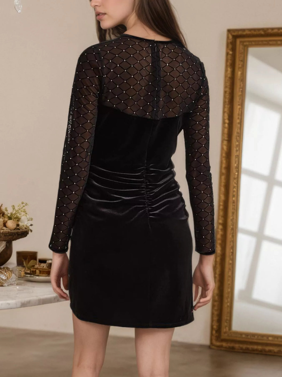 Sparkle Mesh Sleeve Velvet Christmas Party Mini Dress