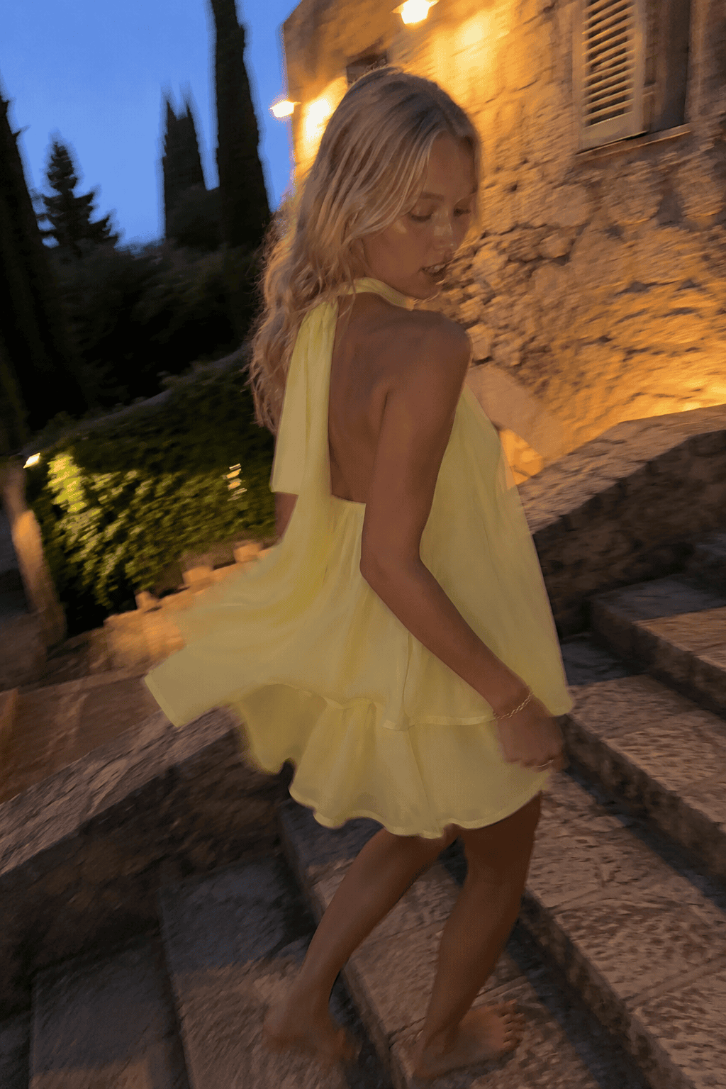 Sexy Backless Halter Tie Waist Slim Fit Ruffled Mini Dress