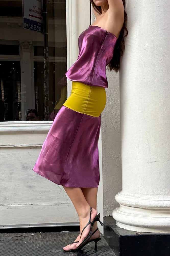 Strapless Contrast Satin Midi Dress