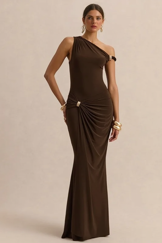 Off Shoulder Asym Metallic Trim Party Dress