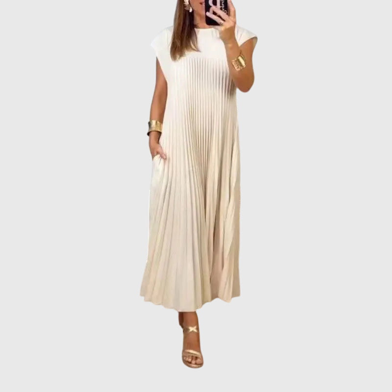 Boat Neck Cap Sleeve Pleated A-Line Maxi Dress