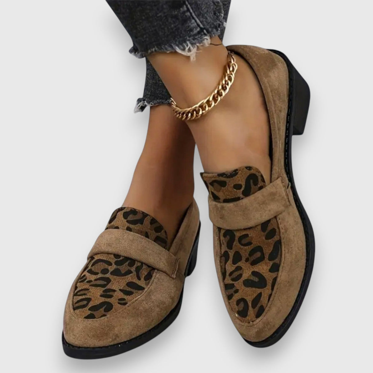 Leopard Print Suede Look Round Toe Block Heel Loafers