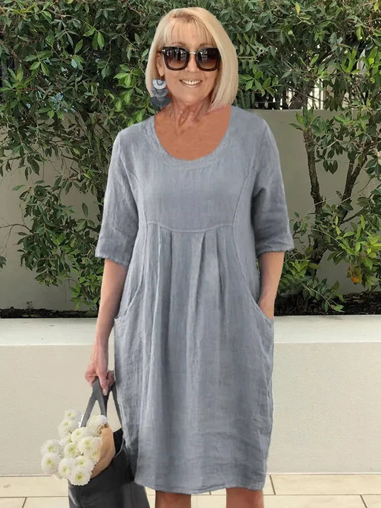 Linen Look Scoop Neck Pocket Knee Length Summer Shift Dress