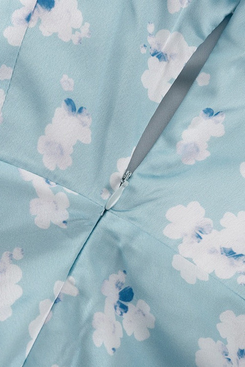 Satin Floral Print Collar Long Sleeve Belted Midi Dress