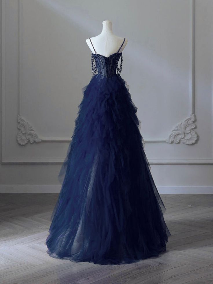 Pretty Sweetheart Neck Navy Blue Prom Dress, Tulle Beaded Long Graduation Dress Ball Gown cc1658