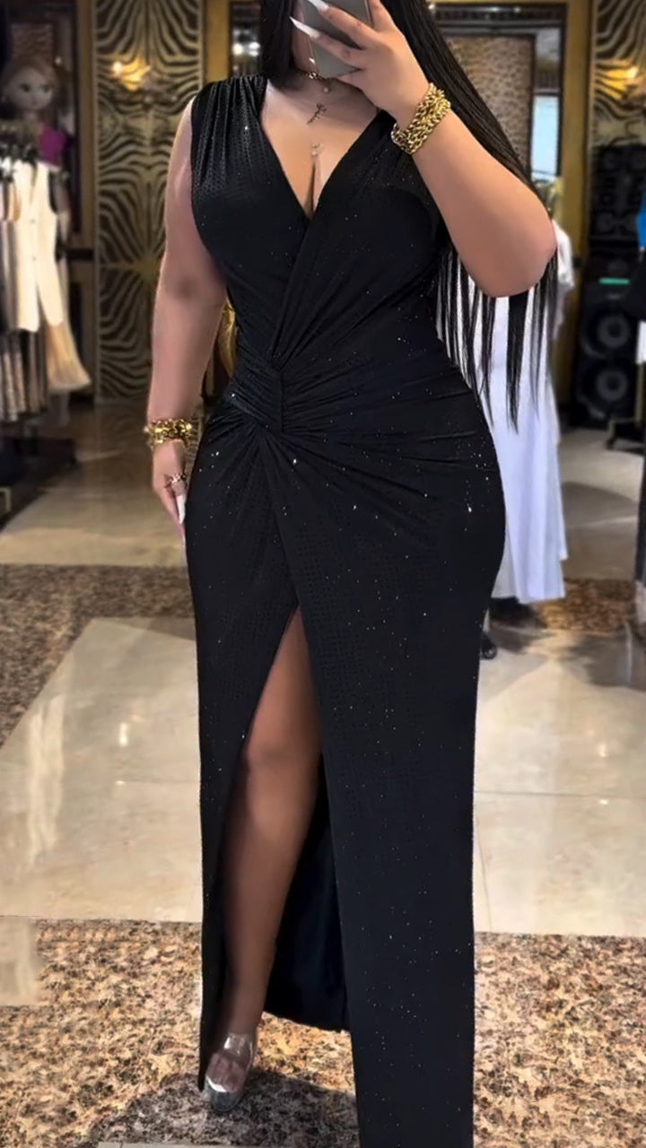 Ladies' V-neck Hot Pressed Diamond Waist Pleat Slit Temperament Casual Dress Black XS