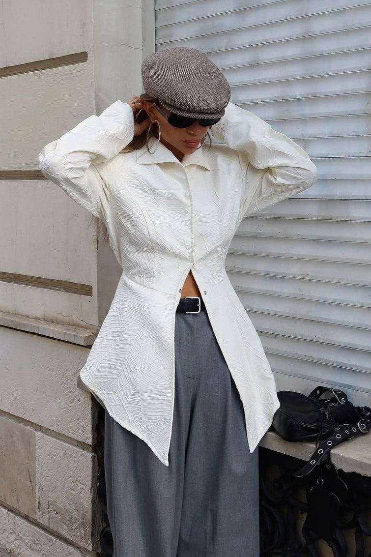 Textured Notched Collar Puff Shoulder Long Sleeve Fitted Waist Blouse 3