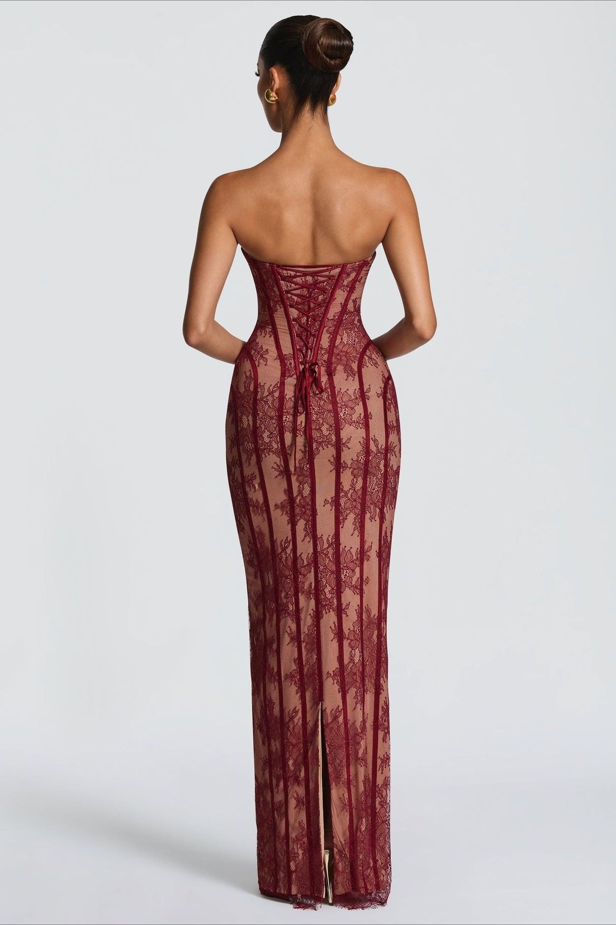 Strapless Lace Vertical Bodycon Maxi Lace Dress