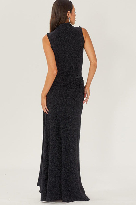 Glitter Mock Neck Sleeveless Ruched Hip Column Maxi Party Gown