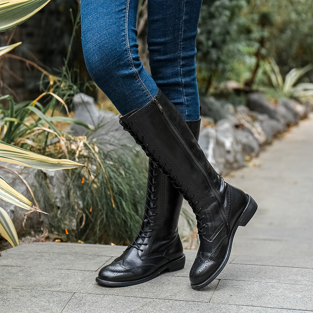 Handmade Wingtip Lace up Leather Knee High Boots Side Zip Riding Boots Short Plush Lining in Black/Coffee