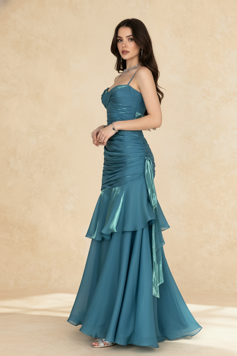 Satin Spaghetti Strap Ruched Tiered Ruffle Maxi Party Dress 3