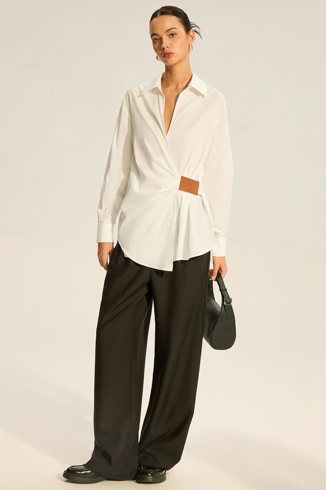 Faux Leather Panel Ruched Collared Slim Versatile Blouse