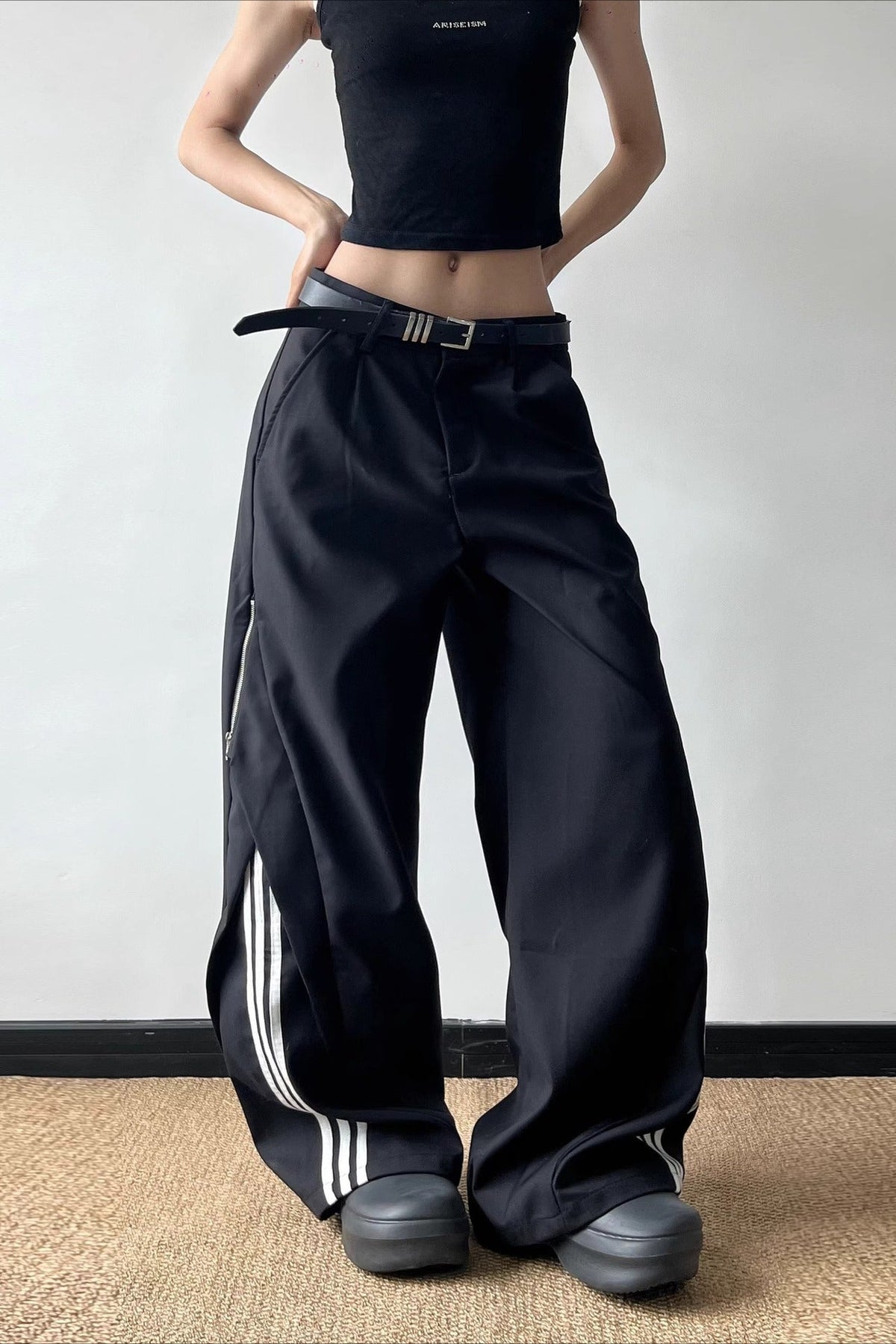 Side Stripe Zip Detail Pleated Wide Leg Track Trousers