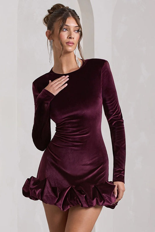Velvet Crew Neck Long Sleeve Ruffle Hem Bodycon Mini Dress