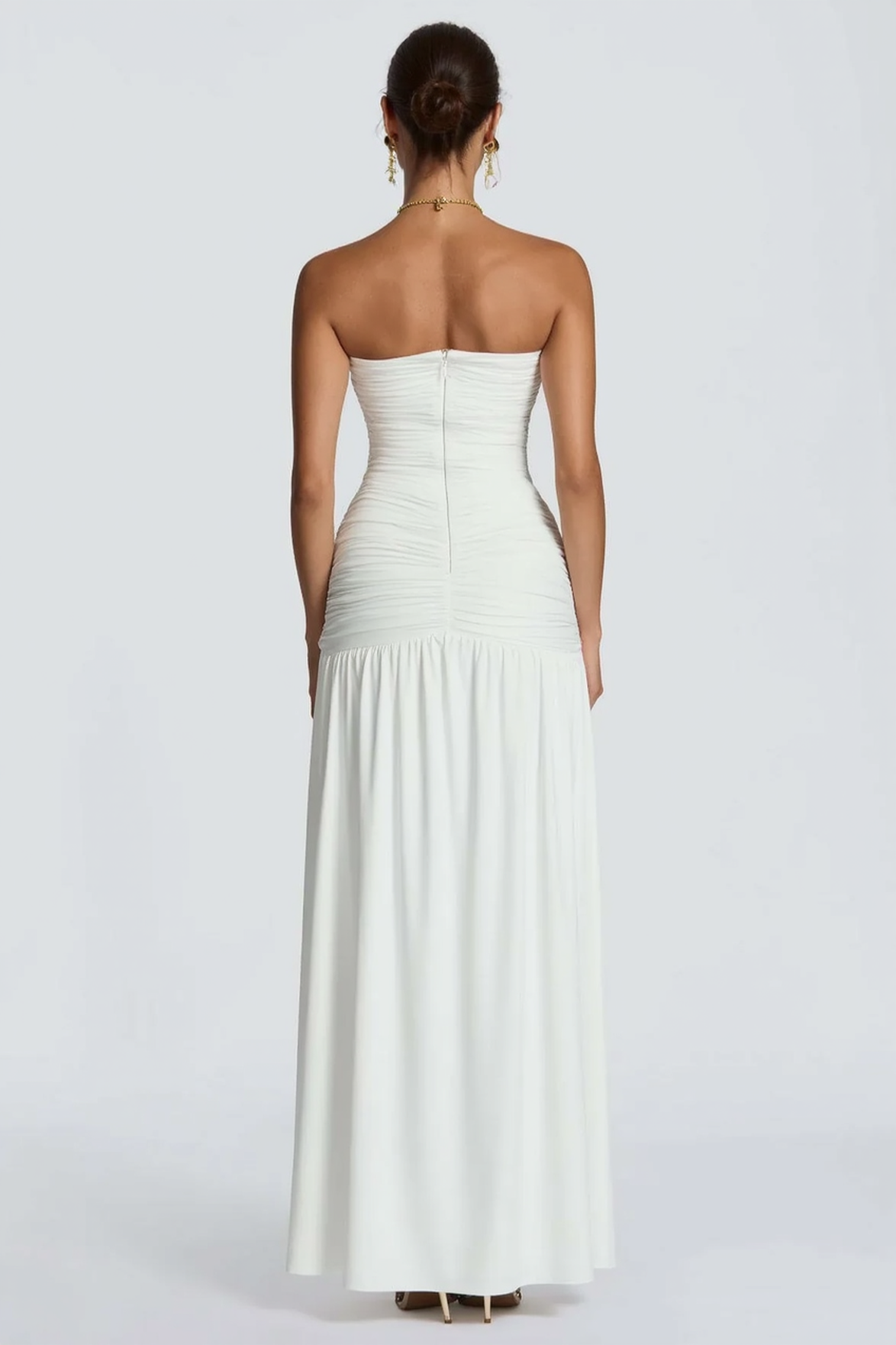 Solid Strapless High Slit Ruched Bodycon Party Dress
