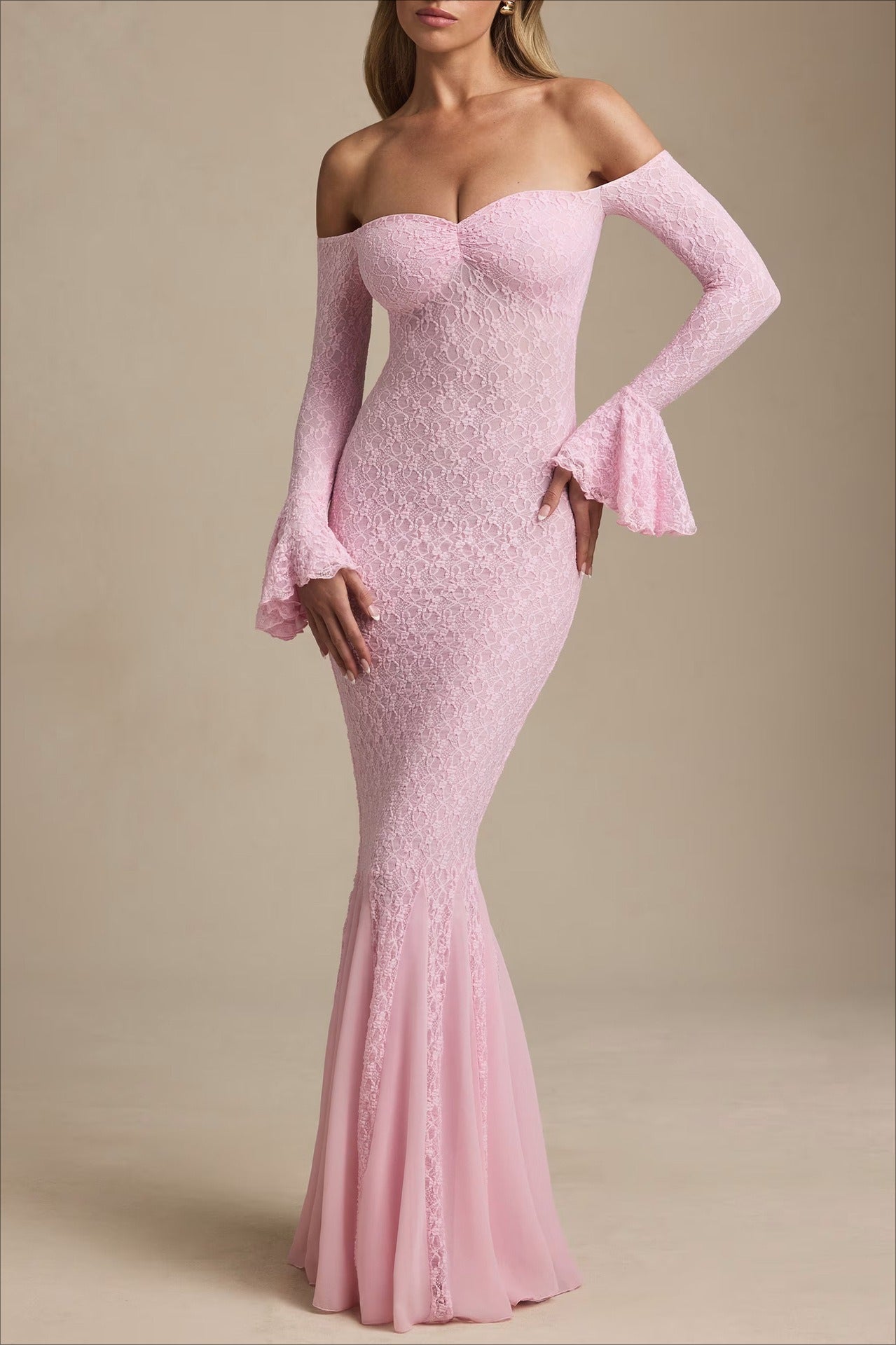 Sequin Off Shoulder Long Sleeve Mermaid Maxi Dress