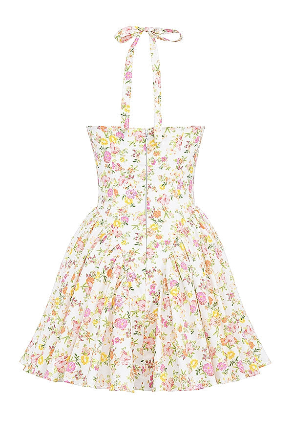 Floral Print Halter Plunge Drop Waist Flared Mini Dress 15