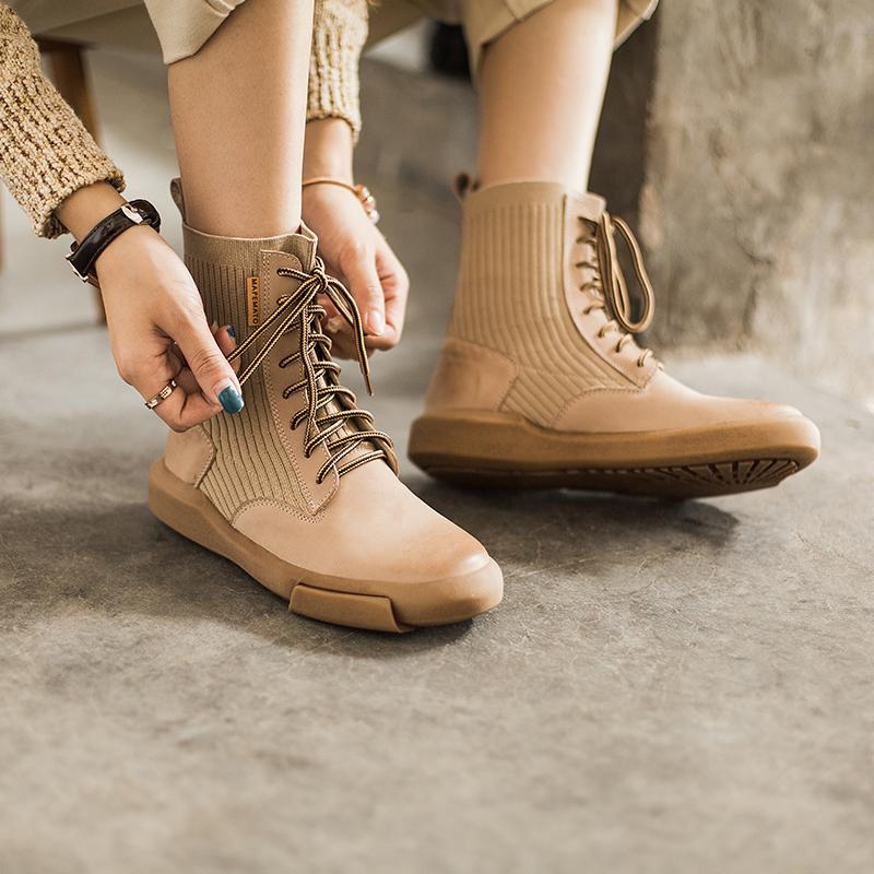 Matte Leather Combat Boots Lace Up Boots Short Plush Lined Or Leather For Choice Brown/Black /Beige