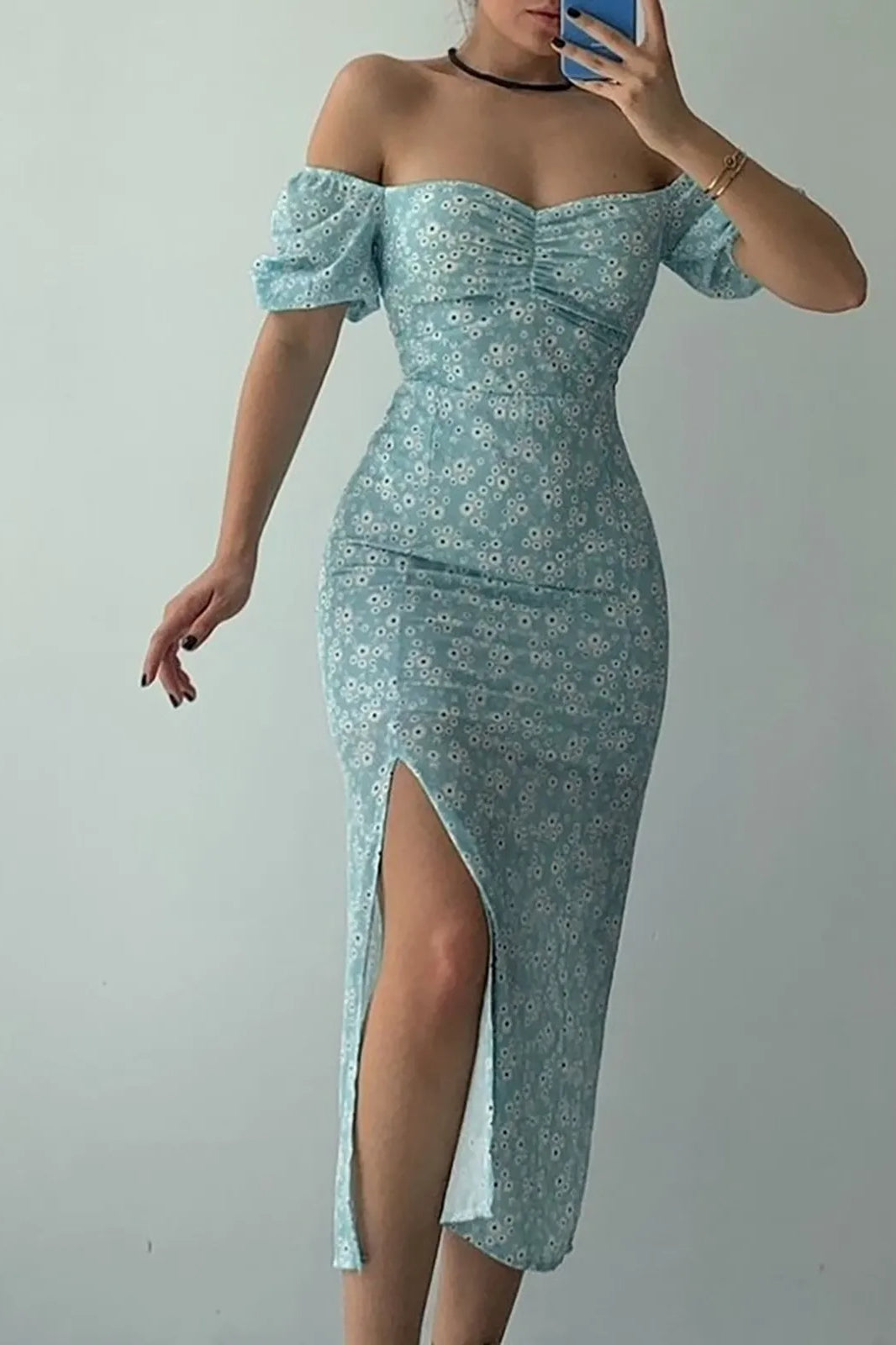 Ditsy Floral Off Shoulder Puff Sleeve Ruched Bust High Split Midi Dress