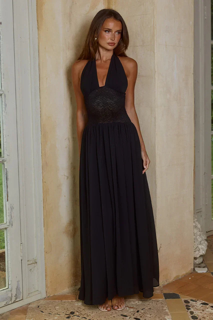 Plunge Halter Neck Lace Waist Panel Flowy Maxi Dress 8