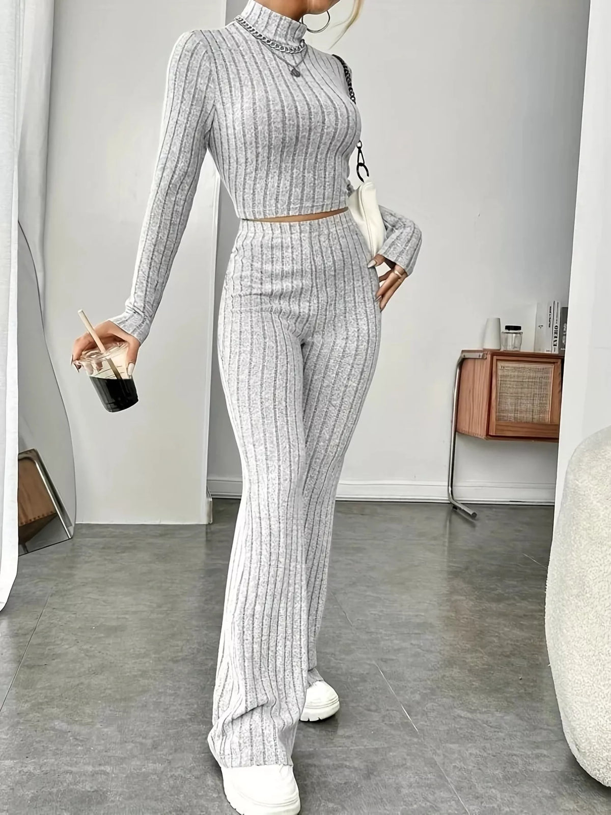 Mock Neck Long Sleeve Ribbed Knit Crop Top and Flare Pants Two Piece Set 6