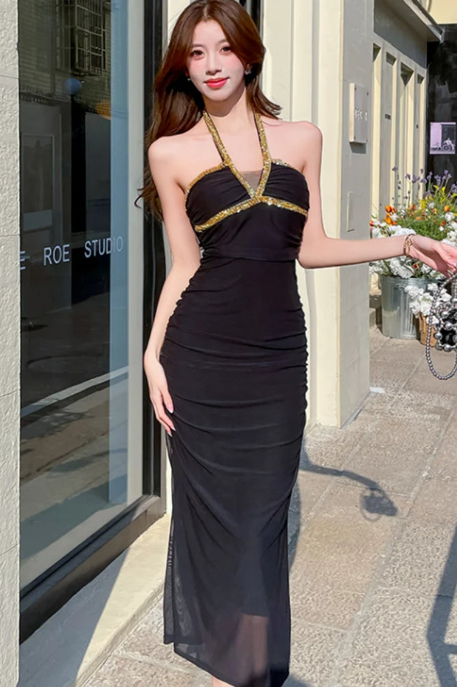 Halter Neck Rhinestone Trim Ruched Bodycon Midi Dress