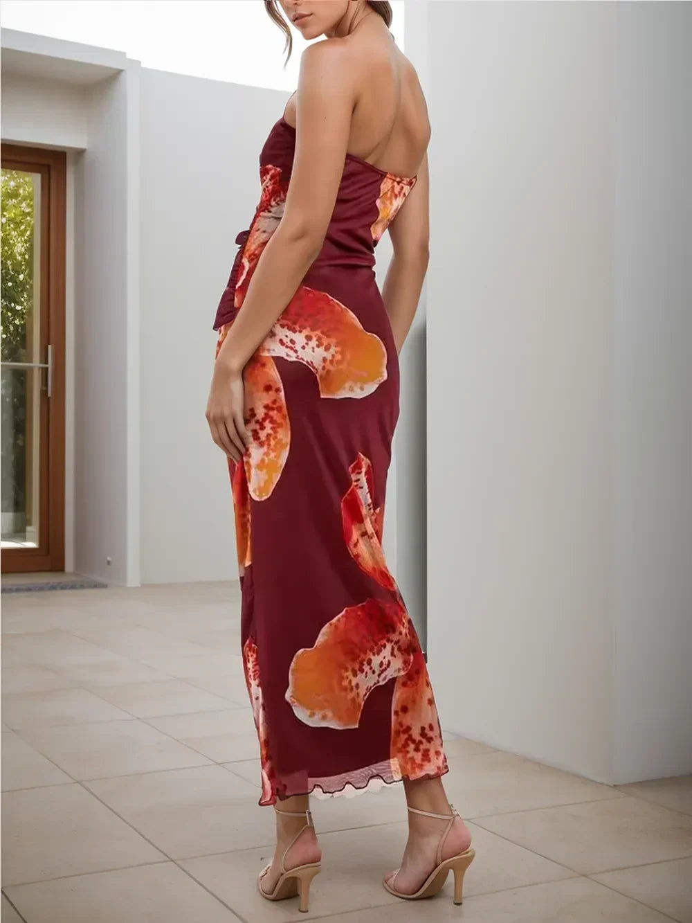 Floral Print Strapless Ruched Bodycon Maxi Dress 2