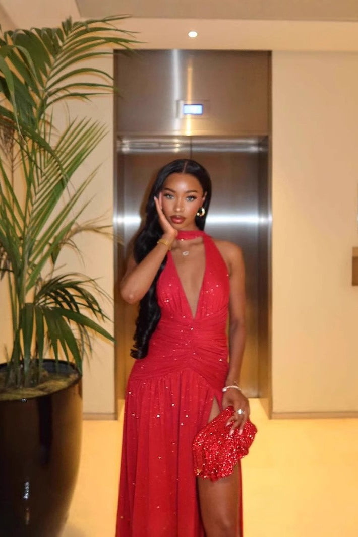 Halter Deep V-Neck Rhinestone Ruched High Split Maxi Dress