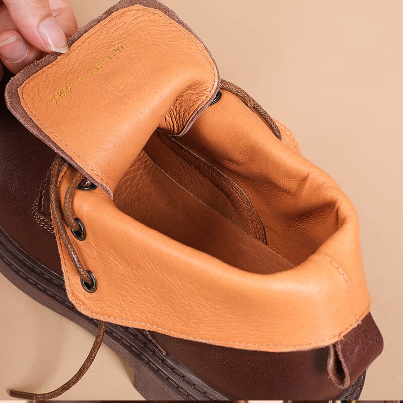 Retro Boots Brush-Off Leather Round Toe Low Heel Bottine Flat Ankle Boots Black/Coffee