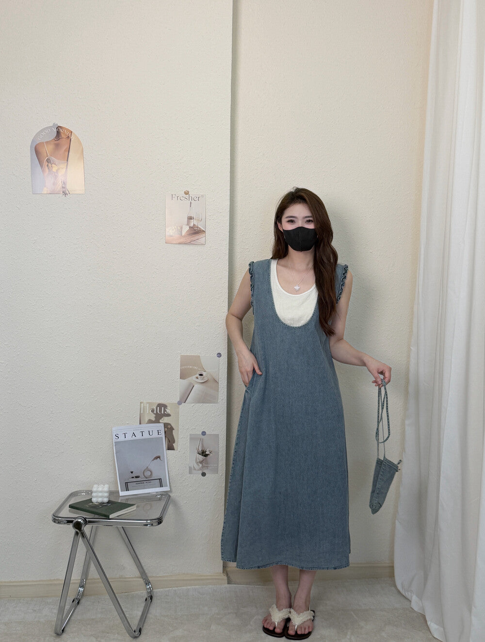Faux Two Piece Denim Sleeveless Ruffle Trim A-Line Midi Dress 20