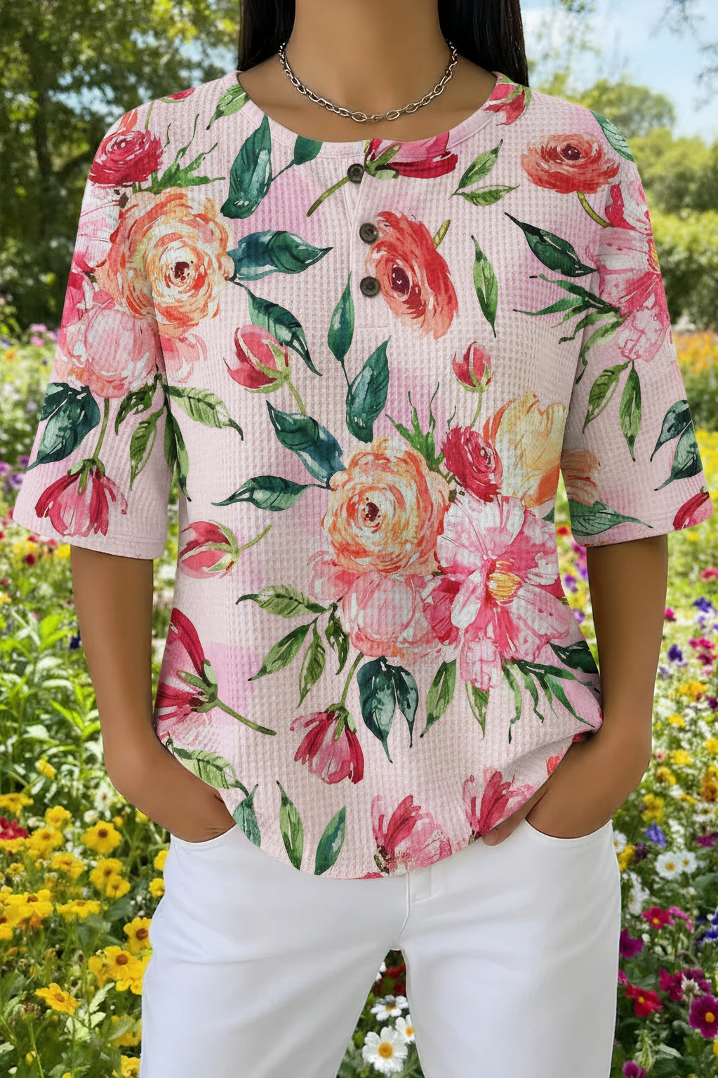 Womens Pink Floral Print Casual Shirt
