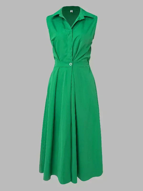 Stand Collar Deep V-Neck Sleeveless Pocket A-Line Midi Dress