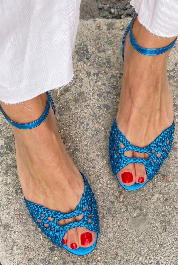 Woven Peep Toe Ankle Strap Flat Sandals