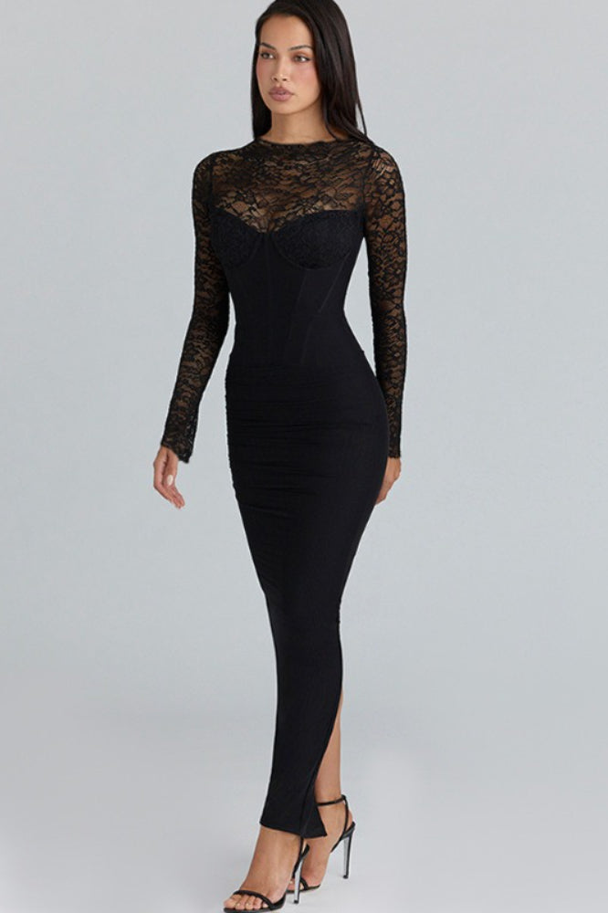 Lace Trim Sheer Mesh Side Slit Fit Floor Lace Dress