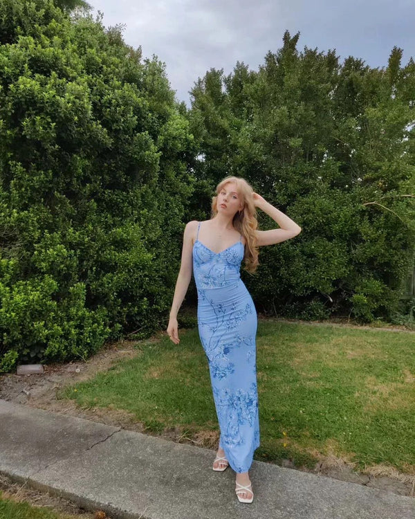 Unique Mermaid Blue Print Prom Dress Long Party Evening Dress cc1653