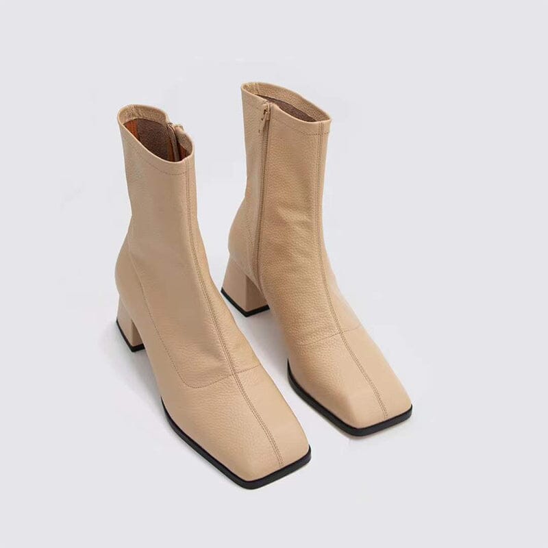 Classic Nude Leather Boots Elegant Glove-Like Ankle Boots High Heel Side Zipper Boots