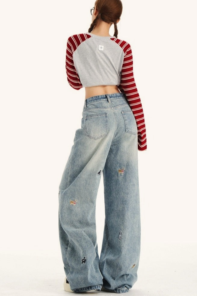 Embroidered Wide-Leg Denim Jeans