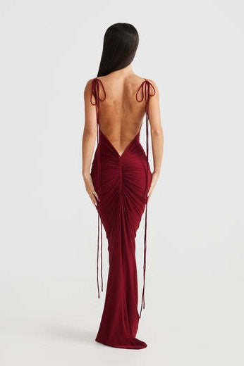 Cowl Neck Spaghetti Strap Backless Ruched Bodycon Maxi Dress