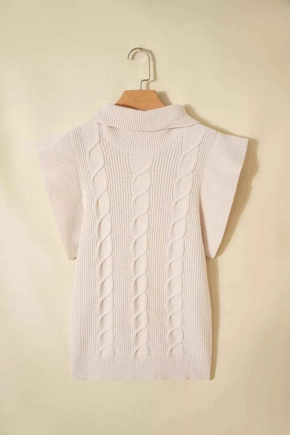 Cable Knit Turtleneck Ruffled Short Sleeve Sweater