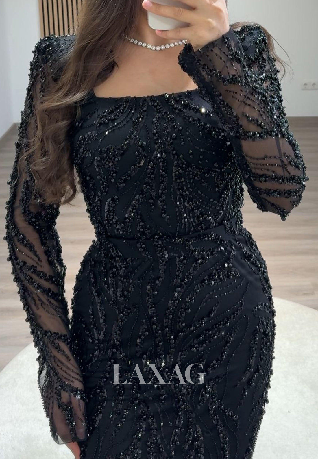 Square-Neck Long Sleeves Pleated Mermaid Prom Dress Beaded Sequined Floor-Length Evening Gowns