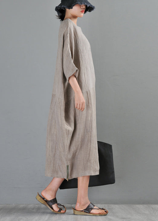 Textured Round Neck Three-Quarter Sleeve Side Zip Hem Oversized Midi Dress