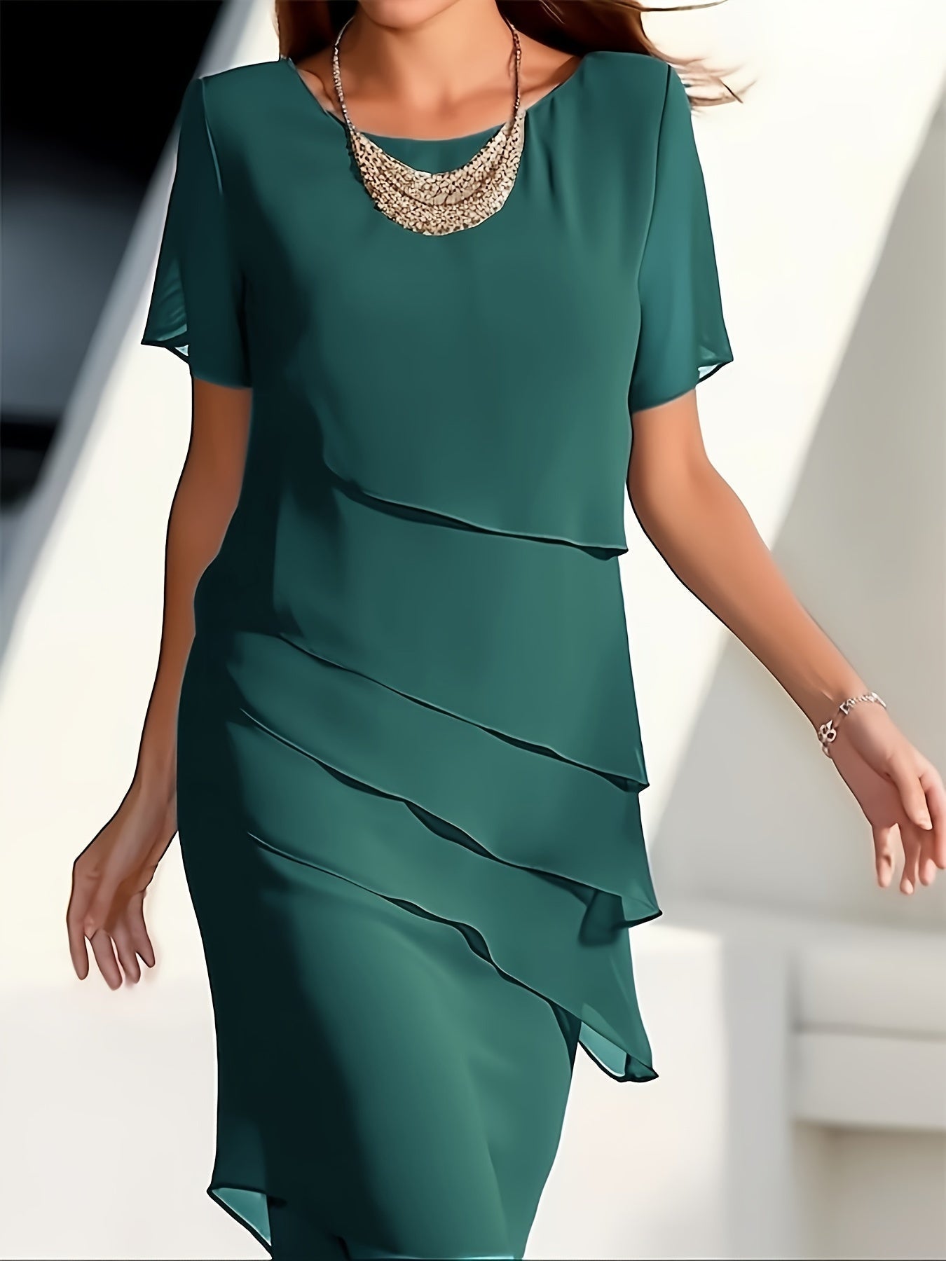 Cecilia Boutique Cotton Layered Trim Round Neck Short Sleeve Evening Dress for Women Chic Silhouette Collection