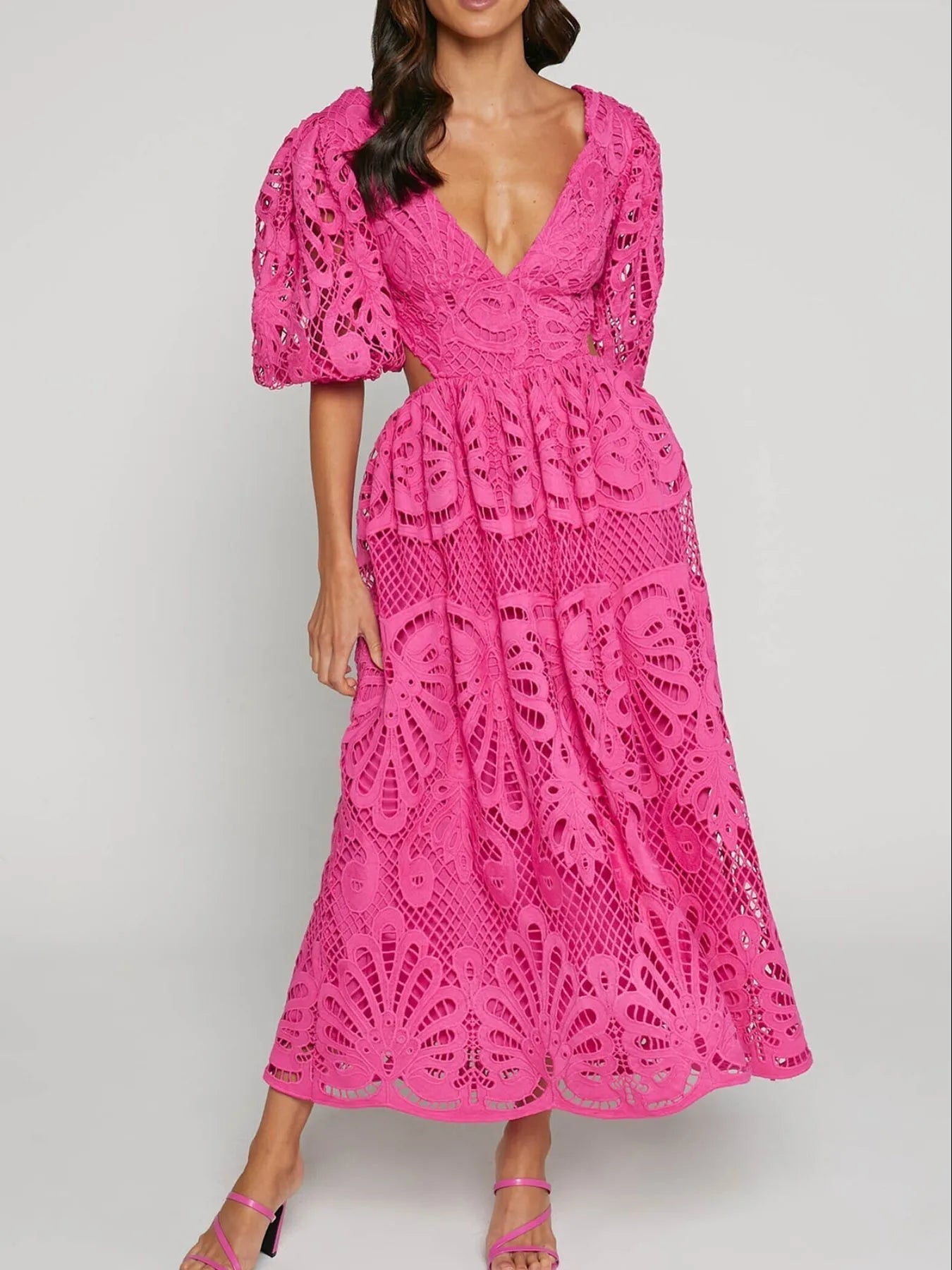 Rachele Premium Long Lace Dress with V Neck and Open Back Chic Silhouette Collection