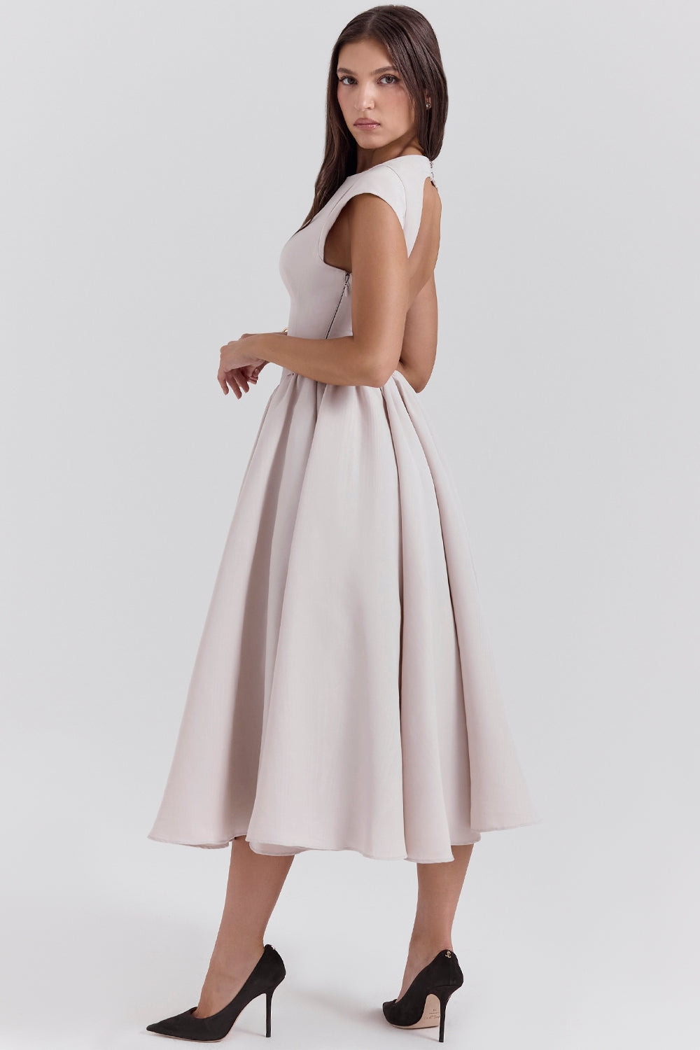 Boat Neck Cap Sleeve Drop Waist Full Skirt Midi Dress 7
