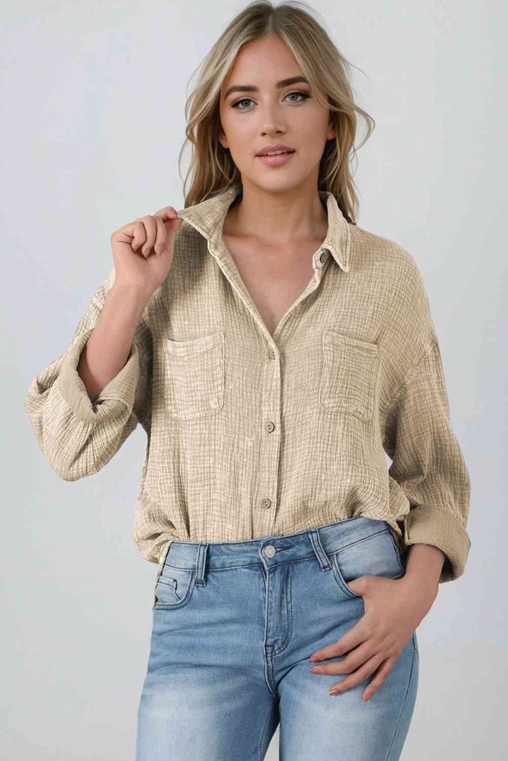 Textured Crinkle Collared Button Front Long Sleeve Chest Pocket Shirt 26