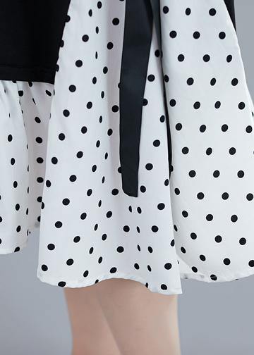 Polka Dot Panel Crew Neck Short Sleeve Side Tie Ruffle Hem Midi Dress